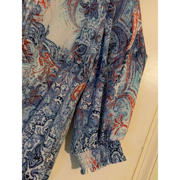 Roz & Ali XL Boho Paisley Blouse Womens Peasant Top Sheer 3/4 Sleeve Blue Orange - Picture 10 of 12